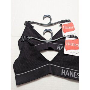 Hanes Bra XS Black Bralette wireless orginals ribbed triangle lot 2 new